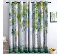 Tende Bosco Di Betulle Acquerello Disegnato A Mano 140L x 245A cm (2 Pannelli), Verde Poliestere Tende Oscuranti Con Occhielli Per La Decorazione Della Camera Da Letto E Del Soggiorno