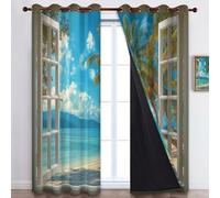 Tende Costiero Spiaggia Palme Oscuranti, Blu Tende Termiche Isolanti con Occhielli per Finestre di Camera da Letto e Soggiorno - 75 x 166 cm (L x A) (2 Pannelli)