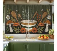 Tende da cucina a ciotola, rustiche con cucchiaio e fungo, verde autunnale, con tasca per asta, per tende da cucina sopra il lavandino, 106 x 114 cm