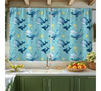 Tende da cucina a forma di balena, tende da cucina nautiche giocose onde del sole estive blu per lavello piccolo camper finestra stretta 106 x 114 cm