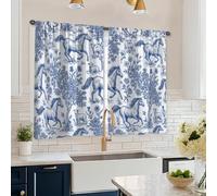 Tende da cucina a forma di cavallo, rustiche con albero e fiori primaverili, blu, con tasca per asta, decorazione per finestra, per lavandino, sala da pranzo, bagno, 66 x 114 cm
