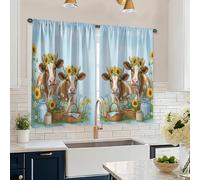 Tende da cucina a forma di mucca, rustiche con girasole e cesto di girasole, tende da cucina blu primaverili per finestre per piccoli camper e lavandini, finestra stretta 66 x 114 cm