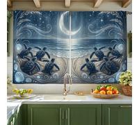 Tende da cucina a forma di tartaruga, onde di luna nautiche costiere, estive, blu, tende da cucina per finestre, per lavanderia, lavanderia, corridoio, appartamento, finestra, decorazione, 106 x 114