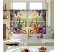 Tende da cucina a più livelli, con bottiglie di vino rustiche e melograno autunnale, colore viola, per piccoli camper, lavandini, finestre strette, 66 x 91 cm