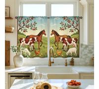 Tende da cucina con cavalli, rustiche, mucche, pecore, primaverili, verdi, per finestra della cucina, sopra il lavandino, 71 x 99 cm