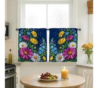 Tende da cucina con crisantemo, motivo floreale vibrante, girasole e campanula, colore blu navy, tende a pannelli con tasca per asta, per tende da cucina sopra il lavandino, 61 x 66 cm