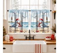 Tende da cucina con gabbiano costiero festivo, 66 x 61 cm | Cappello di Babbo Natale, sciarpa a righe, faro nautico, scena della spiaggia costiera, decorazione invernale della cucina