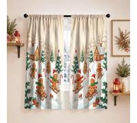 Tende da cucina con immagine di omini di pan di zenzero, 106 x 114 cm | Pini innevati, cabine rustiche, tema sport invernali, finestra del lavello della cucina, atmosfera stagionale accogliente