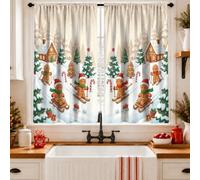 Tende da cucina con immagine di omini di pan di zenzero, 66 x 114 cm | Pini innevati, cabine rustiche, tema sport invernali, finestra del lavello della cucina, atmosfera stagionale accogliente