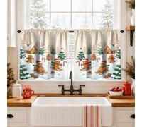 Tende da cucina con immagine di omini di pan di zenzero, 66 x 61 cm | Pini innevati, cabine rustiche, tema sport invernali, finestra del lavello della cucina, atmosfera stagionale accogliente
