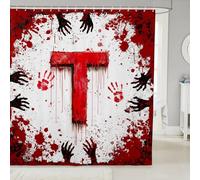 Tende da doccia a forma di lettera T con stampa di mani e sangue ad acquerello, impermeabili, a tema Halloween, con 12 ganci, adatte per vasca da bagno, decorazione per la camera dei bambini, ragazzi