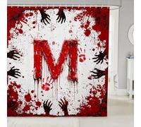 Tende da doccia con lettera M, colore rosso, con stampa di mani e sangue ad acquerello, tende da bagno impermeabili a tema Halloween, con 12 ganci, adatte per vasca da bagno, decorazione per la stanza