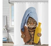 Tende da Doccia per Bagno Divertenti 240x180, Simpatico Gattino Marrone con Spugna Shampoo e Asciugamano Blu, Tessuto in Poliestere Impermeabile Lavabile