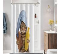 Tende da Doccia per Bagno Divertenti 90x180, Simpatico Gattino Marrone con Spugna Shampoo e Asciugamano Blu, Tessuto in Poliestere Impermeabile Lavabile