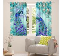Tende da finestra con pavone, per ragazze e adolescenti, 66 x 90 cm, coppia di pavoni con piume, verde acqua, fiori e fiori floreali, romantici per finestre, tende per camera da letto, decorazione blu