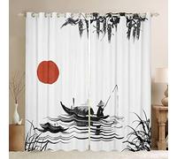 Tende da finestra giapponese Ukiyoe Hokusai Sole Rosso Pescatore Tende per Bambini Ragazzi Ragazze Stile Giapponese Tende da Finestra per Camera da Letto Soggiorno Acquerello Trattamenti W66*L90