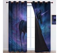 Tende Fantasy Animali Cavalli Neri Oscuranti, Viola Bluastro Tende Termiche Isolanti con Occhielli per Finestre di Camera da Letto e Soggiorno - 75 x 166 cm (L x A) (2 Pannelli)