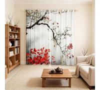 Tende in bianco e nero con stampa di pannelli per finestre in stile asiatico giapponese con rami di albero con foglie rosse, set di tende per finestra W66 x L72 drappeggi, per camera da letto, cucina