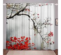 Tende in bianco e nero con stampa di pannelli per finestre in stile asiatico giapponese con rami di albero con foglie rosse Set di tende per finestra W66 x L90 drappeggi per camera da letto cucina