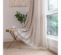 Tende in lino, lunghe 213 cm, ricamate a righe, per soggiorno, con nappe, stile bohémien, per camera da letto, filtranti la luce, set di 2 pannelli, tende con tasca per asta (132 x 213 cm (larghezza x