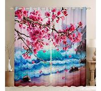 Tende in stile giapponese con fiori di ciliegio per la camera da letto, soggiorno, oceano, spiaggia, onde del mare, tende per finestre Hawaiian Tropical Island trattamenti per finestre stile esotico