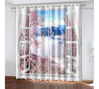 Tende lunghe fino al pavimento, graziose, vintage, per soggiorno, rosa, bianco, con cornice per finestra, fiori e paesaggi di montagna, in poliestere, 2 pannelli, 426,7 x 274,3 cm
