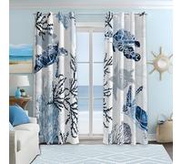 Tende nautiche costiere decorative spiaggia oceano tartaruga mare corallo 50% blocco della luce mare oscuramento tenda con occhielli per villa soggiorno camera da letto blu navy e bianco 2 pannelli