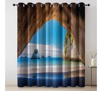 Tende Opache per Camera Natura Spiaggia Grotte Tema, Blu Tende Oscuranti con Occhielli per la Decorazione di Interni, Morbido Isolamento Termico Tenda 75 L x 166 A cm (2 Pannelli)