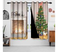 Tende Oscurante Natale, Uiiooazy Tende Oscuranti Oscurante Albero di Natale Foglie Verdi Interni Camino Tende Termiche Isolante con Occhieli per Camera da Letto Soggiorno Finestra, Set di 2, 140x260cm