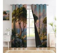 Tende Oscuranti 95% 160L x 260A cm 2 Pezzi con Occhielli, Classico Orizzonte Isolamento Acustico Tenda Stampate, Mediterraneo Architettura Tende Isolamento Termiche Isolanti per Soggiorno Verde