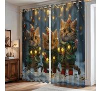Tende oscuranti a forma di gatto, con cappello natalizio e luci natalizie, senza pieghe, motivo stampato, per camera da letto e camera dei bambini, 106 x 213 cm
