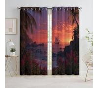 Tende Oscuranti Arte Digitale Tramonto Isola Tropicale Barca Vela Occhielli Tende, Interni Camera Da Letto Soggiorno 140L x 260A cm Colore Arancione Cameretta Bambini Ufficio Albergo 2 Pannelli