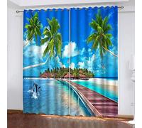 Tende Oscuranti Camera Da Letto Bambini Con Occhielli 2 Pannelli Stampati 3D Paesaggio Dell'Isola Tropicale Moderne 200x200Cm Tenda Oscurante Termica Isolante Per Camera Da Letto Soggiorno Cucina