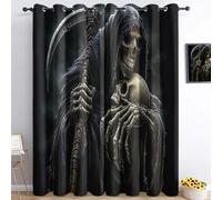 Tende oscuranti con occhielli e falce della morte, morbide, termiche, a tema Halloween, stampa con teschio, per camera da letto e soggiorno, 75 x 165 cm (larghezza x lunghezza), 2 pannelli