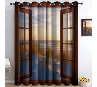 Tende Oscuranti per Camera da Letto 117L x 229A cm 2 Pannelli, Tende Stampa di Cornice Legno Finestra Costa Spiaggia Dune, Tenda Paesaggio Naturale per Decorare la Camera dei Bambini e il Soggiorno