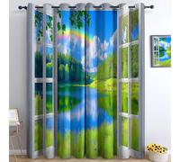 Tende Oscuranti per Interni Motivo Paesaggistico 3D Fuori Dalla Finestra Tende Isolate, Adatte a Camere da Letto, Soggiorni, con Occhielli, 2 Pezzi, 280 x 260 cm, Blu-Verde
