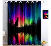 Tende Oscuranti Tenda Termiche Isolanti per Interni, blocca raggi ultravioletti, giovani e adulti, per camera da letto, 140 x 260 cm x2 (L x A), Blu Scuro Lupi Vista Notturna Aurora Boreale Foresta