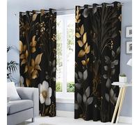 Tende Oscuranti Termiche Isolanti Camera Da Letto Con Occhielli, Motivo A Stampa Foglie Viti Oro nero 3D, Tende Interni Per Soggiorno Piante D'Epoca 140L x 200A cm 2 Pezzi