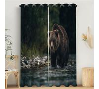 Tende Oscuranti Termiche Isolanti Camera Da Letto Con Occhielli, Motivo A Stampa Pesca Degli Orsi Marrone-Verde 3D, Tende Interni Per Soggiorno Fauna Selvatica 140L x 200A cm 2 Pezzi
