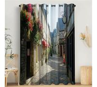Tende Oscuranti Termiche Isolanti Camera Da Letto Con Occhielli, Motivo A Stampa Strada Una Piccola Città Grigio Marrone 3D, Tende Interni Per Soggiorno Architettura Moderna 117L x 183A cm 2 Pezzi