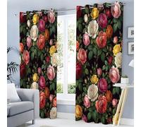 Tende Oscuranti Termiche Isolanti Dipinto Botanico Ad Olio Vintage, Tenda Con Occhielli Per Camera Da Letto Soggiorno Moderne 2 Pezzi Stampa Rose Nordiche 3D Opache - 140Lx260A Cm, Verde Scuro