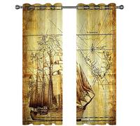 Tende Oscuranti Termiche Isolanti Per Interni Finestre, Tende Camera Da Letto Bambini Soggiorno Moderne 2 Pezzi 140X160Cm 3D Mappa Di Antiche Navi A Vela Marroni E Gialle Motivo Decorazione Da Fine
