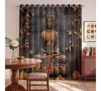 Tende per bambini ragazzi ragazze Arte religiosa retrò | Statua Buddha, bambù, loto occhielli oscuranti termicamente isolati tende per finestra per cameretta dei bambini, camera da letto 140 X 260 cm
