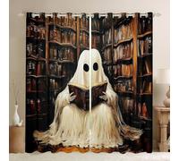Tende per finestre con fantasma carino, stile vintage, per libri di lettura, per ragazzi e ragazze, tende per soggiorno, per Halloween, camera da letto, decorazione per la casa, marrone scuro, 2
