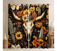 Tende per finestre con teschio di toro e girasoli del sud-ovest per ragazzi e ragazze, tende per soggiorno, cowboy, deserto, cactus, tende decorative per camera da letto, marrone scuro, arancione, 2