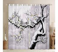 Tende per finestre floreali con fiori di prugna Tenda per alberi invernali per camera da letto soggiorno inverno natura scenario oscuramento drappeggi rami di alberi W46 x L54