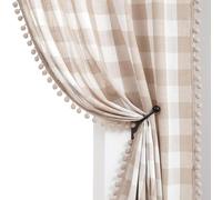 Tende per finestre in stile rustico a quadretti, con pompon, per soggiorno e camera da letto, 101 x 137 cm, stile rustico, motivo a quadretti, in lino, tende semi-velate color tortora e bianco, pieghe
