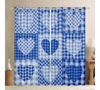 Tende per finestre in stile rustico con cuori blu, stile rustico vintage, per bambini, adolescenti, adulti, motivo geometrico patchwork scozzese, tende decorative per soggiorno, 2 pannelli, 116 x 137