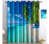 Tende per Interni Termica Isolante, Blocca i raggi UV, Anti-Rumore, con Anelli, Tenda Oscuranti 280L x 260A cm Blu, per il Moderne soggiorno e la camera da letto, Spiagge Alberi Paesaggi Isole
