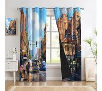Tende Scena Strada Sud-Est Asiatico, Tende Oscuranti Edifici Si Affacciano Sulla Strada Tende Termiche Isolanti Freddo Tenda Oscurante con Occhiello per Camera de Letto Soggiorno, 2 Pezzi, 140x175cm